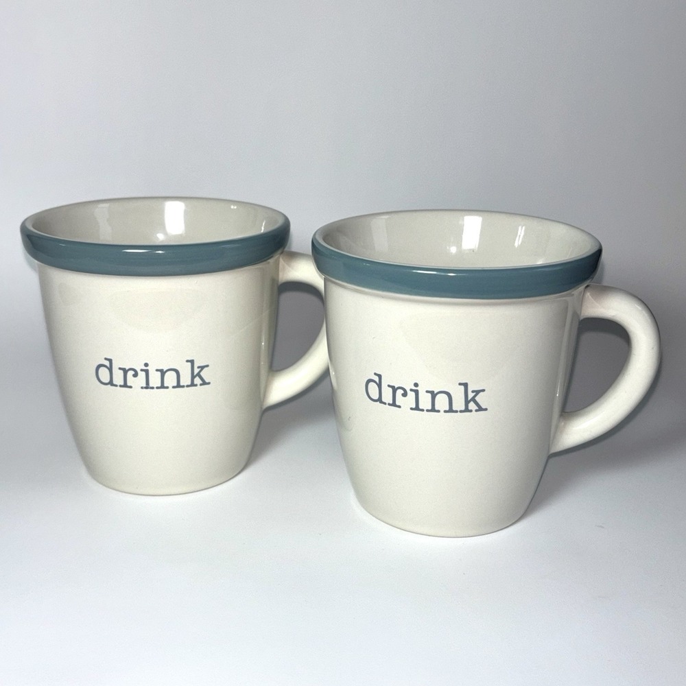 Crate & Barrel Drink Bret Bortner Designer Mugs White Light Blue Set 2 12 Oz